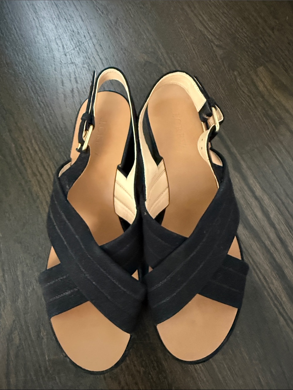 J. Crew Black Suade Crisscross Slingback Sandals with Tan Footbed